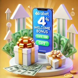 Dall E 2024 09 16 03.58.40 A Visually Appealing Image For A 4Rabet Welcome Bonus Article Featuring A Smartphone Displaying The 4Rabet App With A Welcoming Gift Box Cash And U